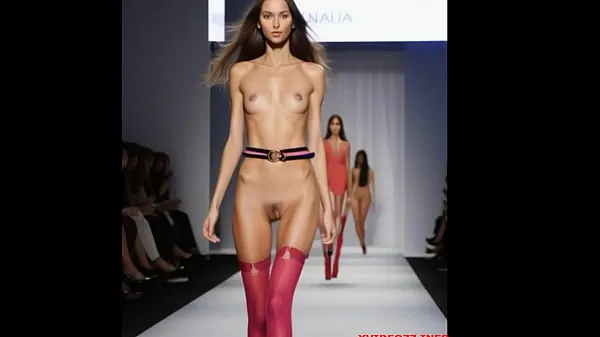 Fashion Extravaganza: Young Models Naked Strutting the Catwalk in Vibrant Stocking